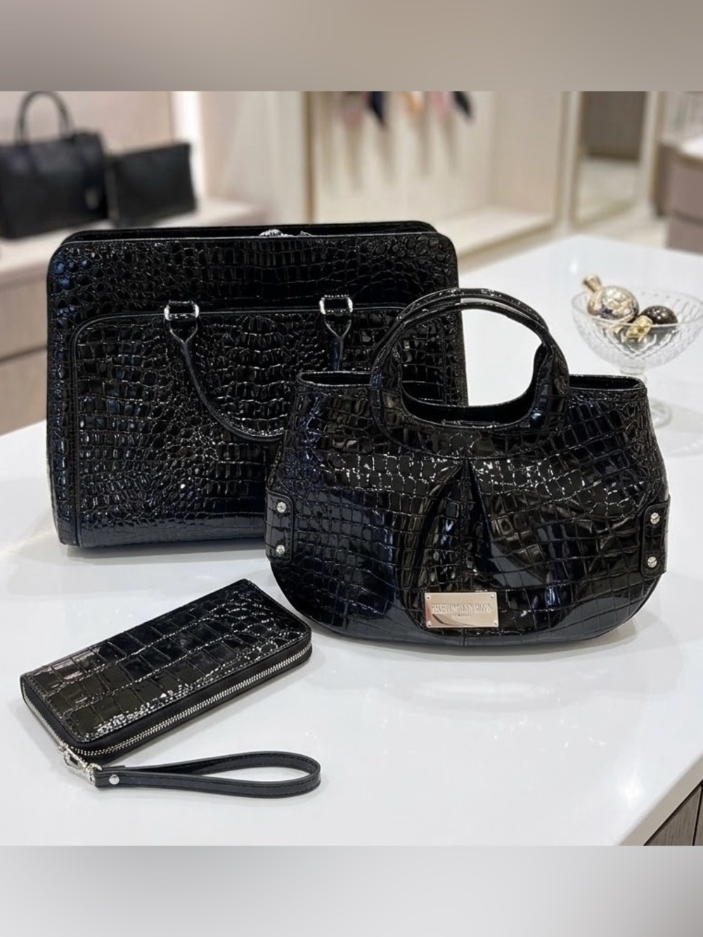 3 Pc Black Croc Embossed Patent Set WHBM Purse, Bueno Laptop Bag & Zip Wristlet